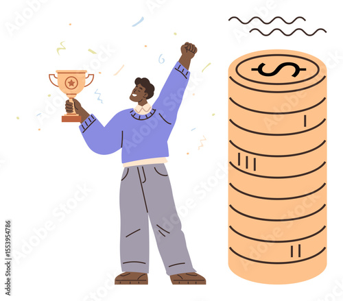 Person raising fist in triumph, holding a trophy near a coin stack, confetti in background. Ideal for success, achievement, reward, financial growth, motivation celebration career goals. Simple