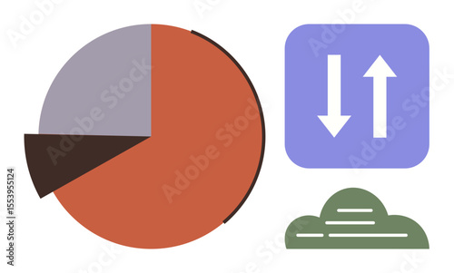 Pie chart in varying shades of red and gray, cloud icon in green, and uploaddownload arrow icons in purple. Ideal for data analysis, cloud computing, reports, storage, growth, statistics simple flat
