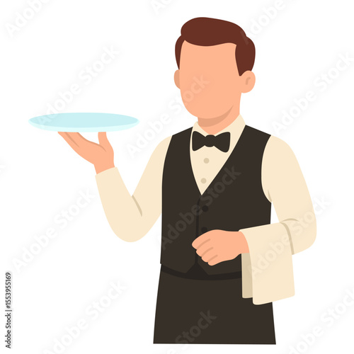 Waiter in vest and bow tie holding plate and napkin. Flat vector illustration isolated on white background.