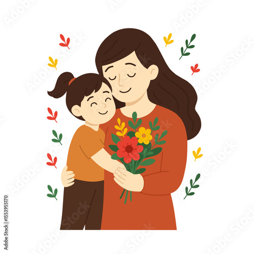 Mother and child. Mom hugging her daughter with a lot of love and tenderness. Mother's day, holiday concept. Cartoon flat isolated vector design.