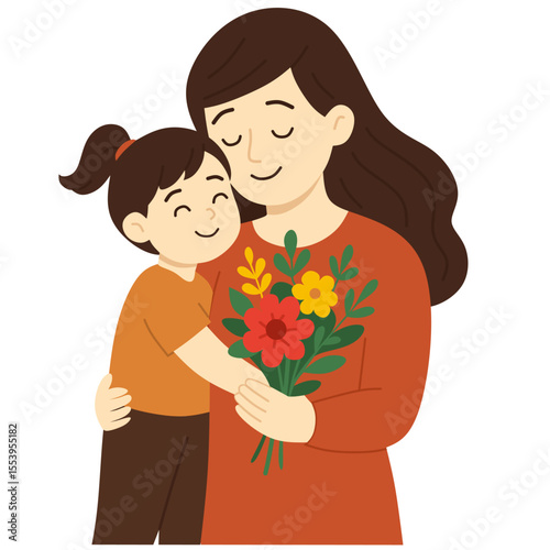 Mother and child. Mom hugging her daughter with a lot of love and tenderness. Mother's day, holiday concept. Cartoon flat isolated vector design.