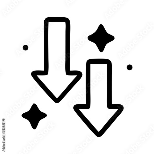 Two downward arrows with sparkles, suggesting download or decrease, in a simple black and white illustration.