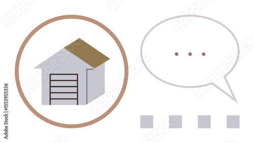 Warehouse building inside circular badge next to speech bubble and three small squares. Ideal for logistics, storage, discussion, teamwork, communication, business strategy, idea sharing. Simple flat