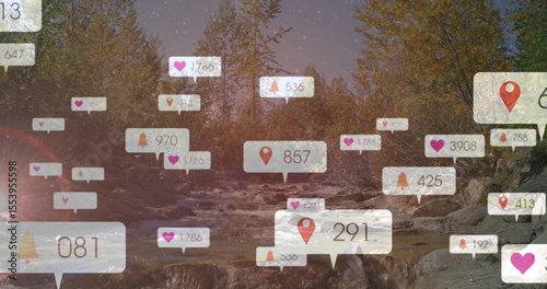 Floating hearts location pins bell icons drifting over rocky river in forest stream with counts