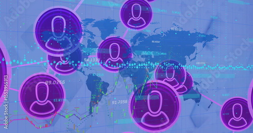 Displaying cluster of purple user icons connecting across blue world map, showing global metrics