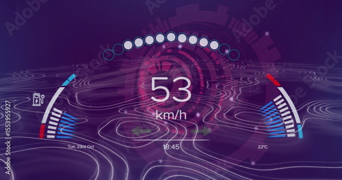 HUD displaying 53 km or h speed, nodes, battery and temperature gauges, date and time, in purple gri