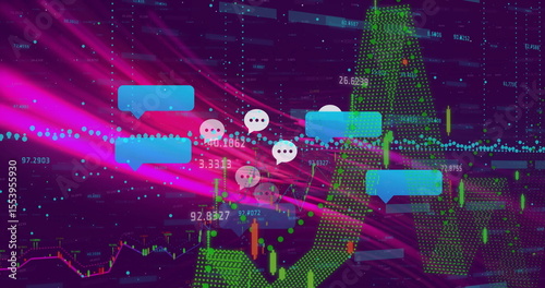 Displaying financial chart with candlestick bars on dashboard, with turquoise chat bubble icons