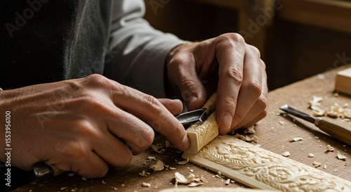 Master Craftsman's Hands Carefully Carve Intricate Wooden Detail