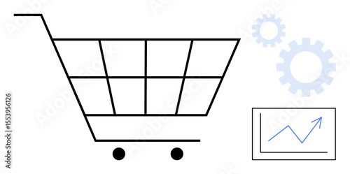 Shopping cart with two gears and a screen displaying growth chart. Ideal for e-commerce, marketing, online shopping, data analysis, optimization, retail technology, simple flat metaphor