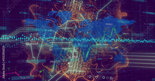 Displaying orange vector field swirling on dark code grid, overlaying green and blue line graphs