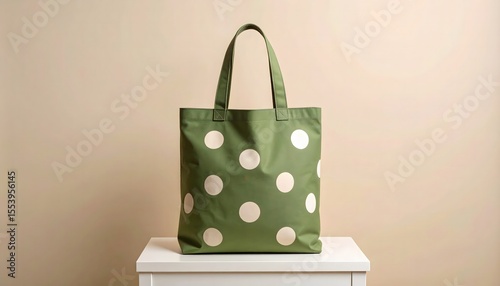 A green tote bag with white polka dots is placed on a white surface against a tan background. The image highlights the bag's design and texture. A tote bag placed on a podium in studio setting.