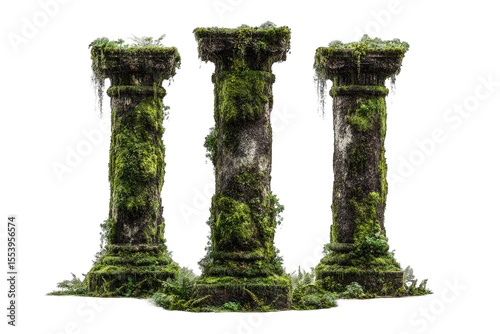 Three moss-covered stone pillars stand closely together, weathered and showing signs of age and decay, nestled amongst lush green vegetation