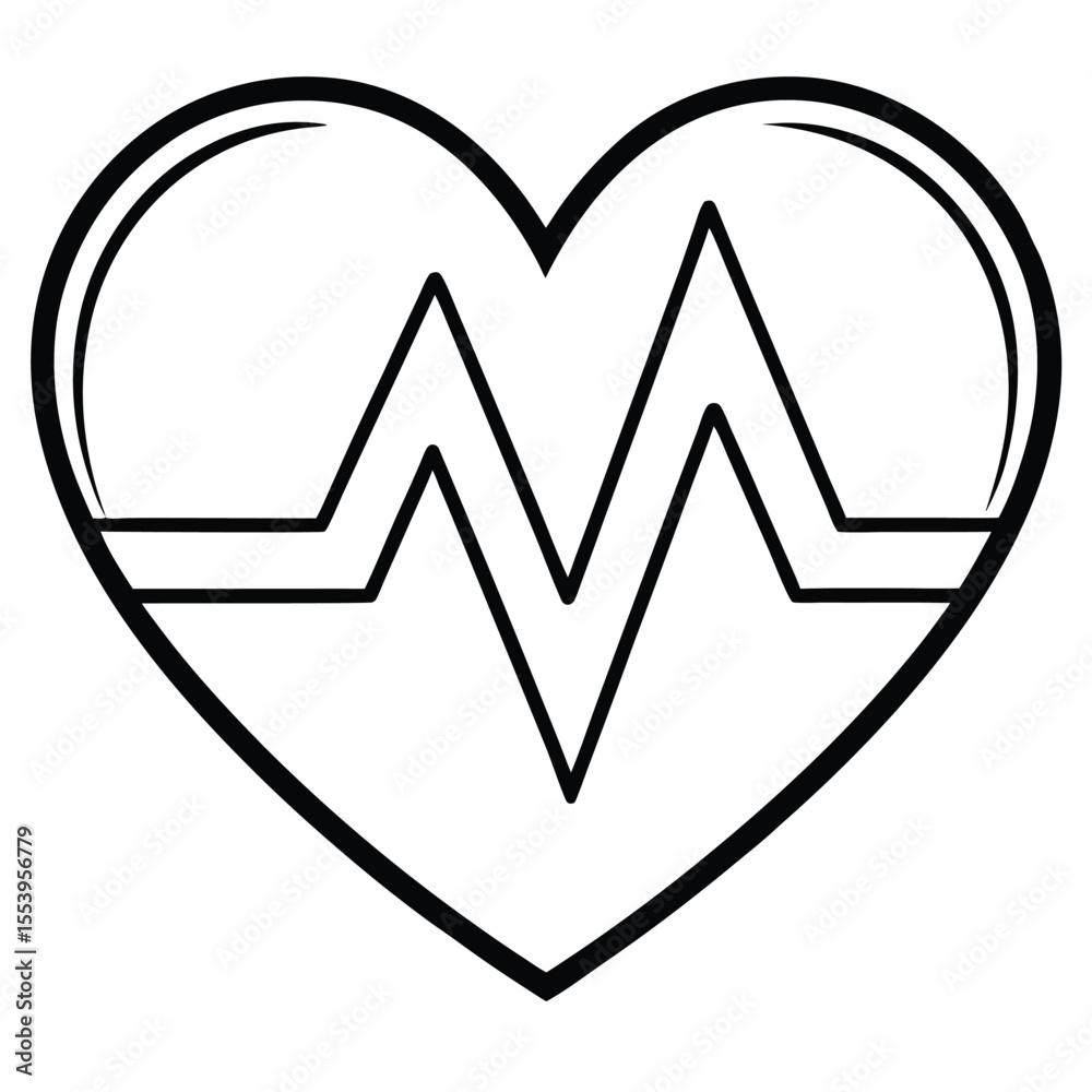 Simple black and white line art icon of a heart with a pulse wave Simple black and white line art icon of a heart with a pulse wave