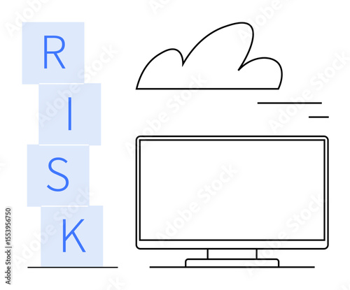Word RISK in blue stacked blocks beside a computer monitor with cloud illustration above. Ideal for technology, cybersecurity, data safety, cloud computing, risk assessment, modern business, simple