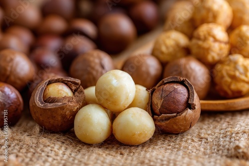 Unpeeled macadamia nuts crispy dried ones with tough shells on the table