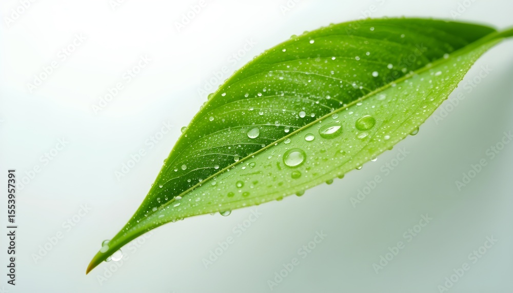 Fototapeta premium Close-up of a single vibrant green leaf with dew drops, on a white background