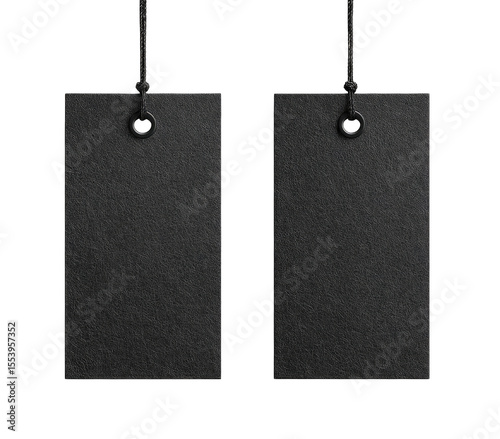 Two identical black rectangular tags with string and eyelets, isolated on black background