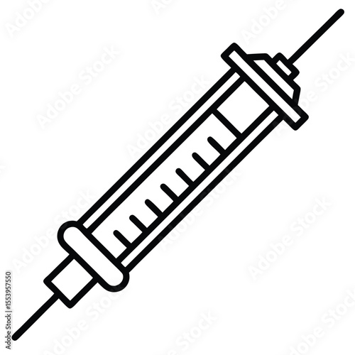 Simple black and white line art illustration of a medical syringe on a clean white background