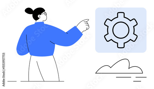Individual interacting with gear icon, denoting configuration, optimization. Ideal for user interface, software settings, app development, teamwork, service management, business strategy simple
