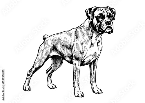 boxer dog pet portrait engraving intricate retro hand drawn style line art black and white vector illustration, isolated on white background
