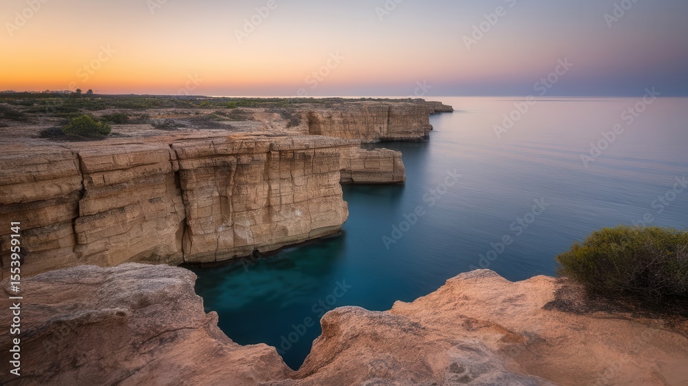 Picturesque sunset views of rugged coastline with vibrant sea waters Picturesque sunset views of rugged coastline with vibrant sea waters