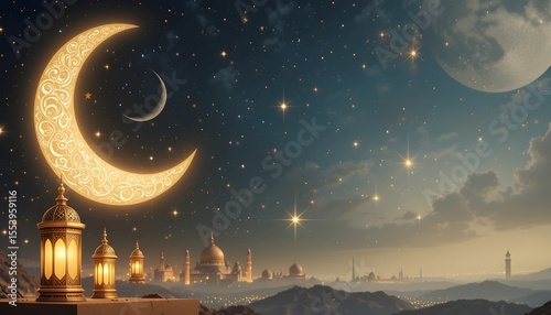 Traditional Eid celebration background with ornate crescent moon, golden lamps, and starry sky