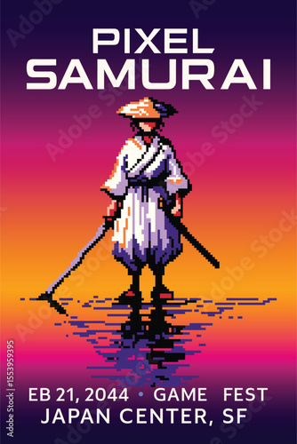 Pixel samurai poster illustration with retro game style warrior standing on reflective water