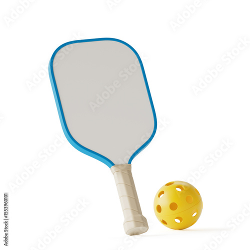 Pickleball Sports Equipment Concept. Pickleball Paddle With Blue Edge And Yellow Ball. 3d Rendering