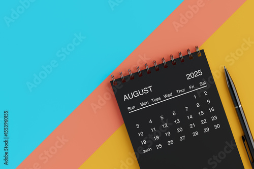 Black Flip Monthly August 2025 Business Calendar with Black Pen. 3d Rendering