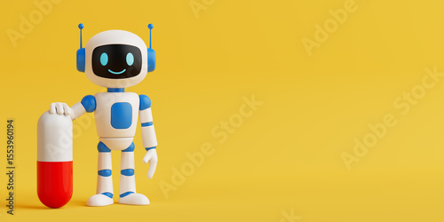 Healthcare Technology Innovation Concept. Smiling AI Robot Standing With Large Red Capsule. 3d Rendering