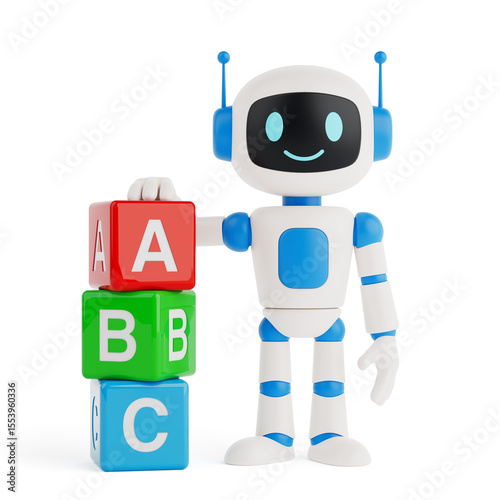 AI Education For Children Concept. Cute AI Robot Standing Next To Colorful Alphabet Blocks. 3d Rendering
