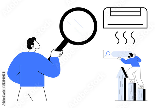 Person holding magnifying glass, small figure on arrows with search bar, air conditioner. Ideal for innovation, research, technology analysis, efficiency, heating or cooling systems, online search