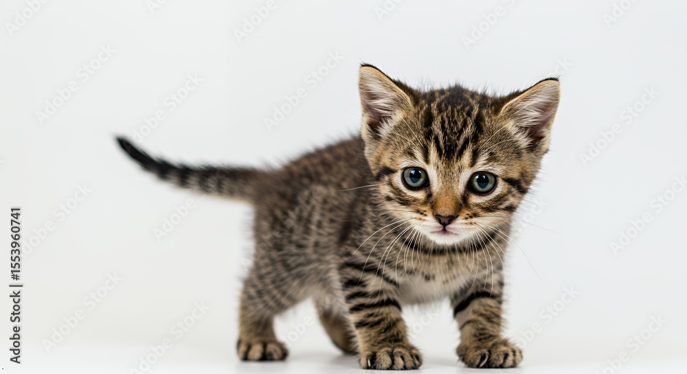 Obraz premium Tiny Tortoiseshell Kitten with Wide Eyes Posing in Studio Against White Background Showing Striped Fur in a Portrait Style