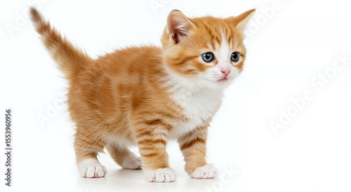 Orange and White Kitten with Blue Eyes Standing Isolated on White Background in Studio Lighting Cute Young Animal Portrait