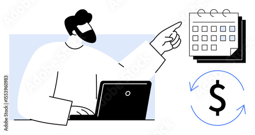 Man using a laptop pointing to a calendar with a dollar sign surrounded by arrows. Ideal for financial planning, subscription management, automation, productivity, scheduling, budget tracking