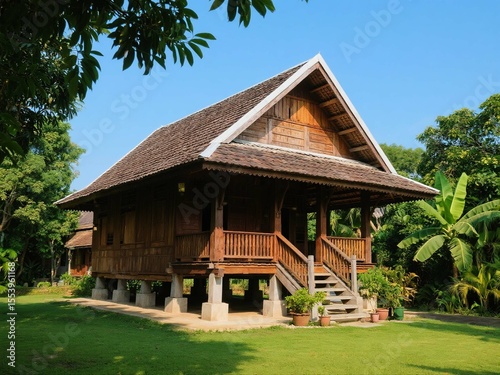 Traditional Malay Wooden Stilt House in Green Village Setting