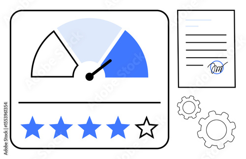 Rating gauge with pointer, five-star scale highlighted, signed contract document, and gear icons. Ideal for review systems, performance evaluation, business agreements, customer feedback, quality