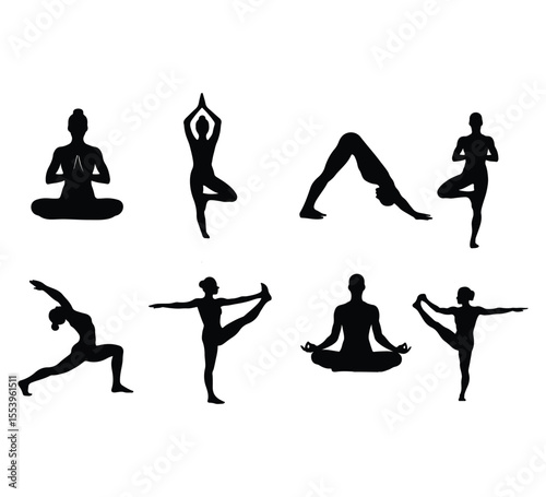 Silhouette Collection of Yoga Poses Demonstrating Asanas for Fitness, Wellness, and Flexibility in a Simple Black and White Design