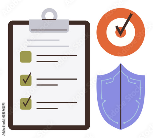 Clipboard with checklist, shield for security, target with checkmark for completion. Ideal for planning, security, verification, goal achievement, organization, data protection simple flat metaphor