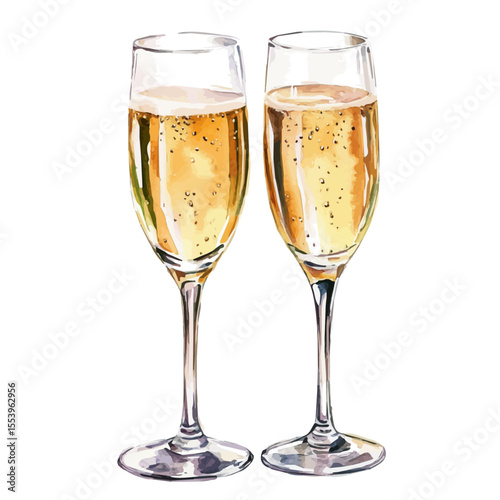 Champagne Flutes, watercolor clipart vector, isolated on a white background.