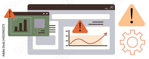 Digital dashboard with graph and bar chart alerts, orange warning signs, and settings gear icon. Ideal for risk analysis, error detection, data monitoring, analytics, alerts, troubleshooting simple
