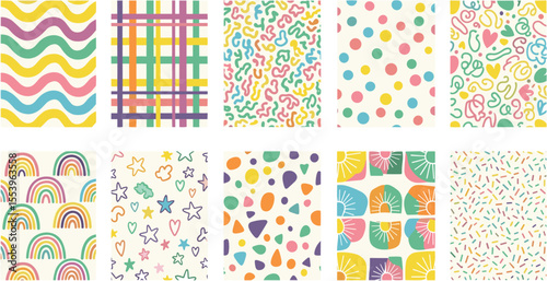 Set of retro 80s, 90s colorful vector seamless patterns. Doodle fun kid backgrounds. Childish cute hand drawn design useful for fabric, textile, cover, banner, label, print, wrapping, wallpaper