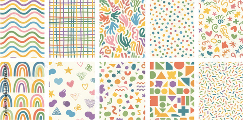 Set of retro 80s, 90s colorful vector seamless patterns. Doodle fun kid backgrounds. Childish cute hand drawn design useful for fabric, textile, cover, banner, label, print, wrapping, wallpaper
