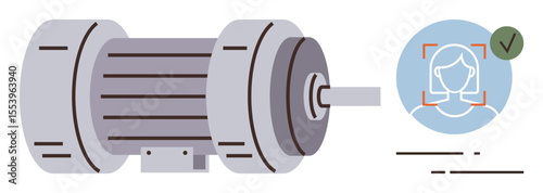 Electric motor with shaft detail paired with biometric face recognition interface. Ideal for automation, technology, security, engineering, innovation, robotics, industrial processes. Simple flat