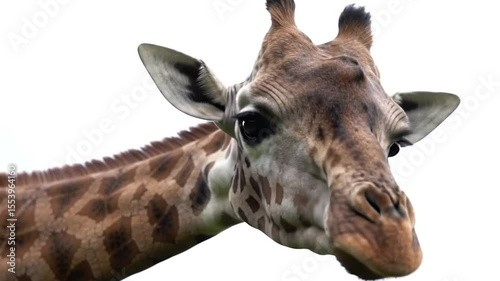 Close-up of a giraffe's head and neck against a white background, highlighting its unique spotted coat and gentle features.