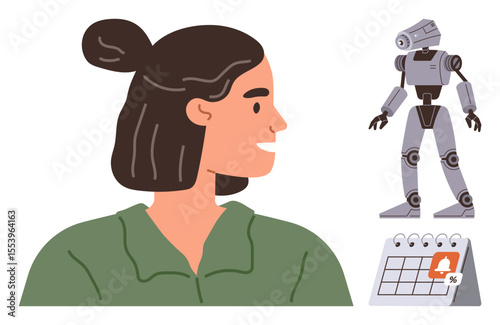 Woman glancing at a robot standing nearby with a calendar marked by an alert. Ideal for technology, AI, innovation, planning, scheduling, robotics, productivity. Simple flat metaphor
