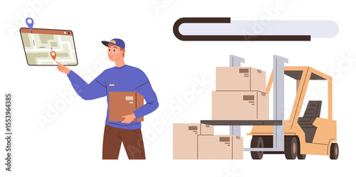 Delivery worker pointing at a digital map while holding a box, forklift lifting packages. Ideal for logistics, delivery service, warehouse operation, package tracking, supply chain, shipping