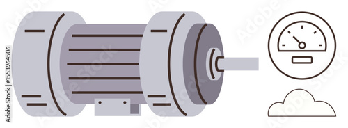 Electric motor connected to a shaft and speed gauge for measurement. Ideal for engineering, manufacturing, energy control, machinery, industrial processes, operational efficiency, simple flat
