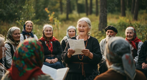 Elder Woman Shares Stories, Wisdom, and Traditions with a Circle of Attentive Listeners in a Forest Setting