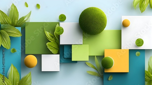 Minimalist Tropical Green and Blue 3D Composition Featuring Geometric Shapes and Leaves on a Fresh Summer Background.